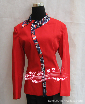 【新上市酒店工作服 酒店制服 高档女服务员服饰 长袖红色拼花JS130】价格,厂家,图片,制服、工作服,广州市番禺区大石景盛酒店用品经营部-